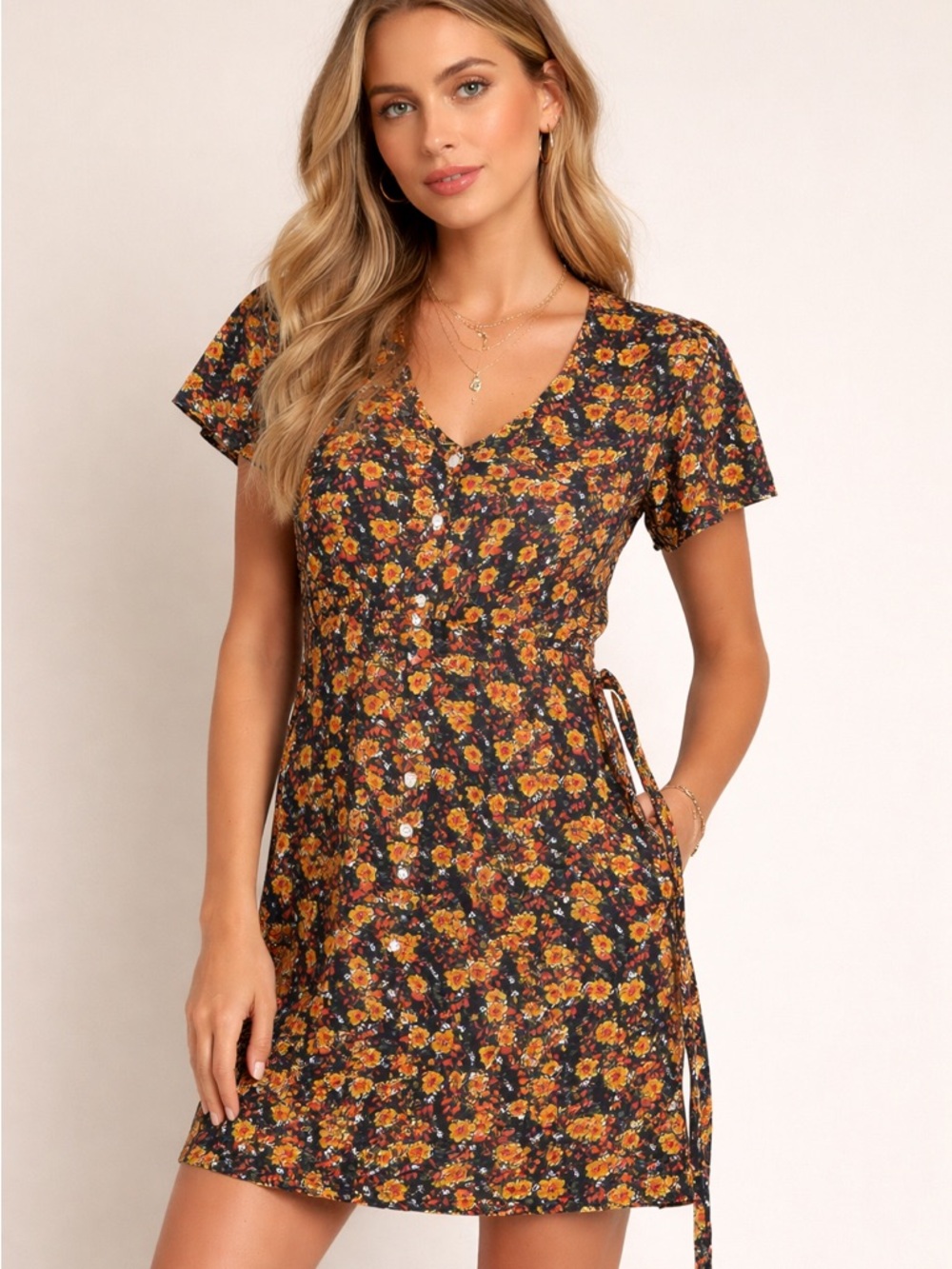 Boho Floral Mini Dress - Black with Orange & Yellow Blossoms, Tie Waist Detail
